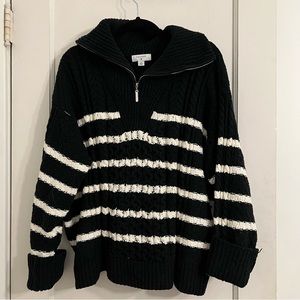 Quarter zip cable knit striped sweater with zipper black and white